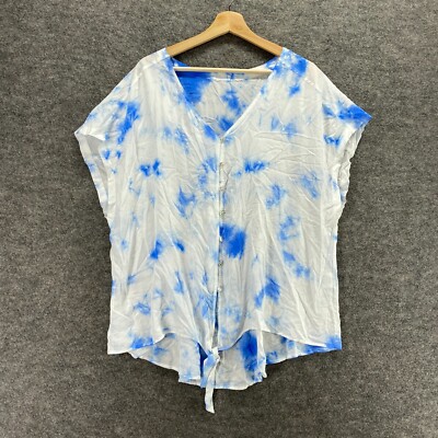 Unbranded Top Women M White Colorblock Button Up V-Neck Short Sleeve Blouse