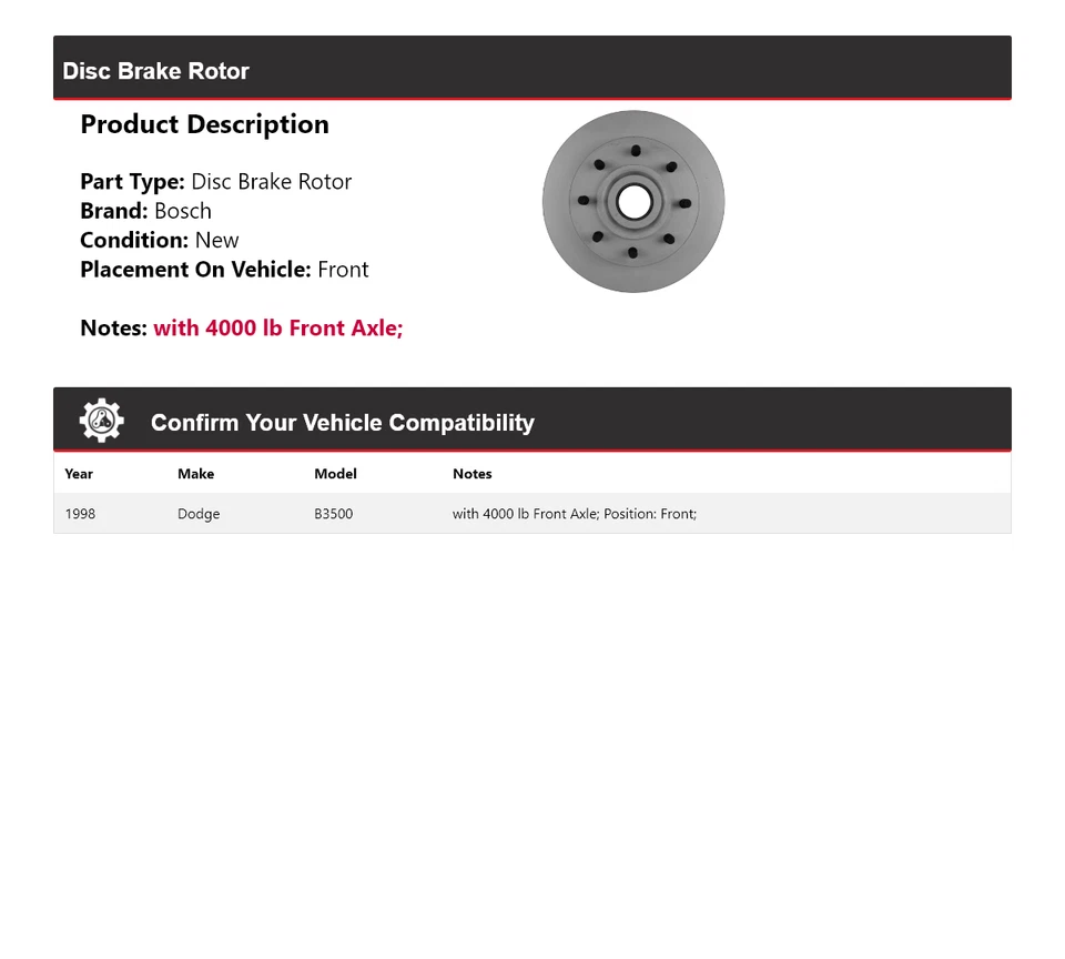 适用于 1998 道奇 B3500 博世 QuietCast 盘式制动转子前部 — 第 2/4 张图片