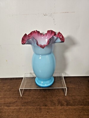 BEAUTIFUL HANDLBOWN BLUE CASED PEACHBLOW CRIMPED VASE - THOMAS WEBB