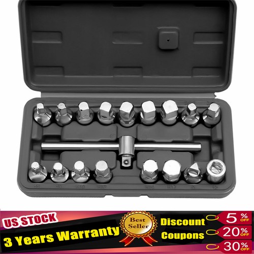 Oil Drain Pipe Plug Hexagon Square Socket Key Removal Tool Set 18Pcs 3/ ...