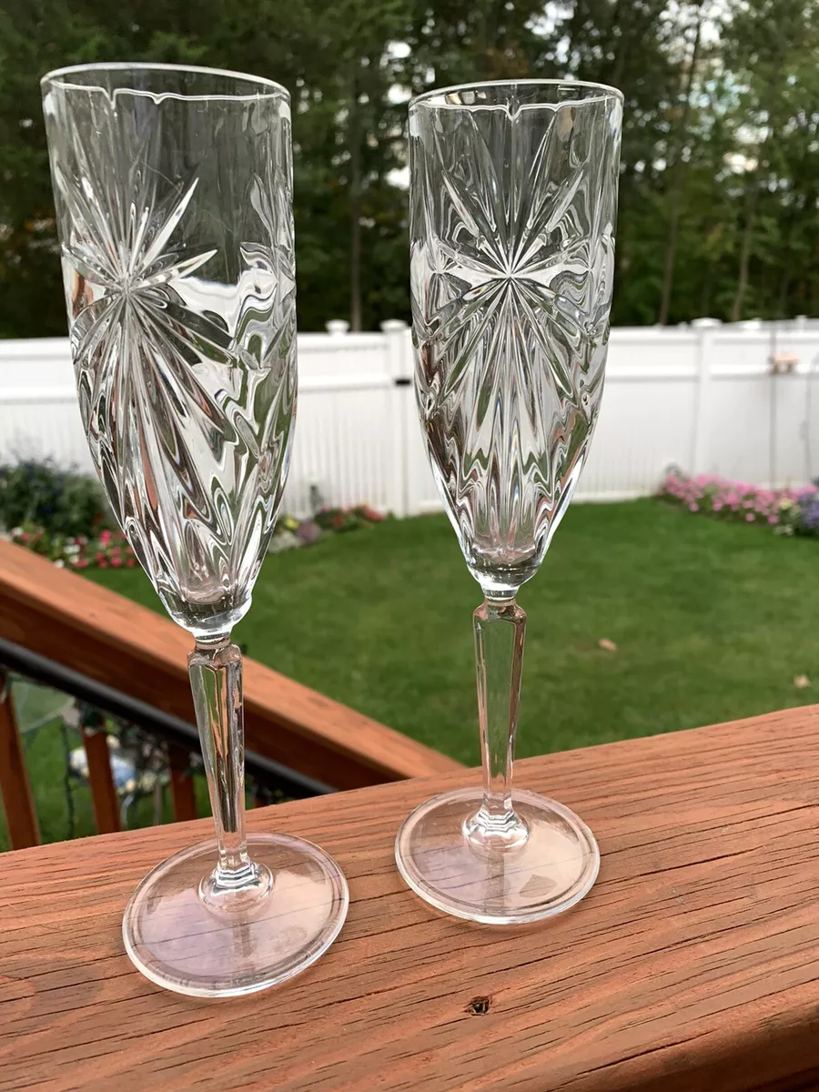 2 Clear Soft Cut Crystal Starburst Fluted Champagne Glasses