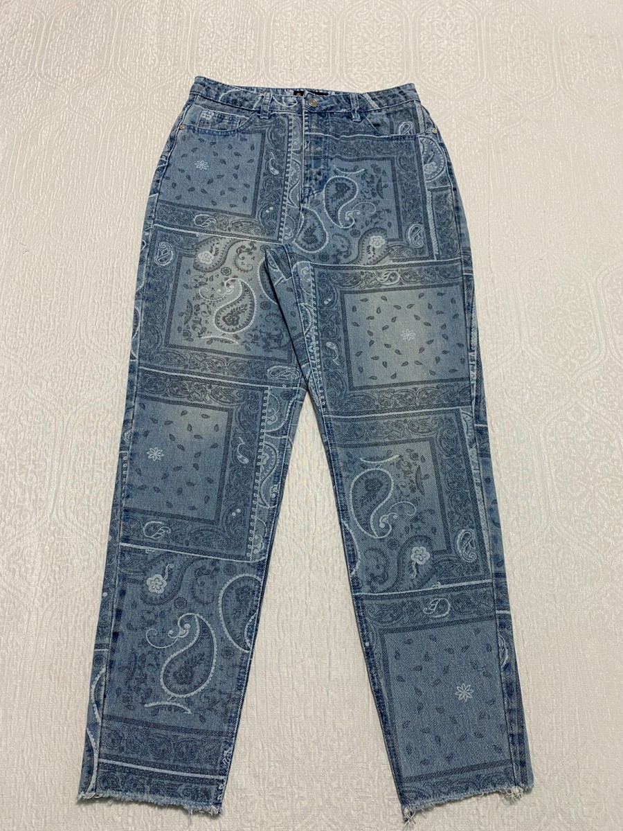 Missguided Riot High Rise Mom Jeans Womens Size 6 Blue Bandana