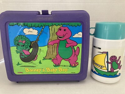 VINTAGE 1992 BARNEY AND BABY BOP PLASTIC LUNCH BOX WITH THERMOS