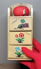 Vtg Wood Mini Sewing Cabinet w) Pin Cushion Florida Souvenir Trinket Box Taiwan 
