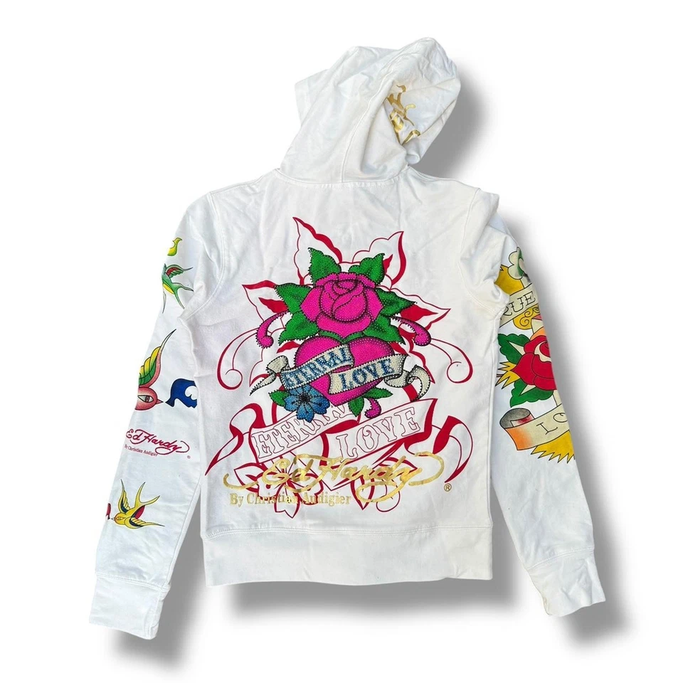 Sudadera con capucha Ed Hardy blanca con cremallera completa Foto 2 de 4