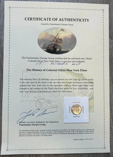 Certificado Autenticidad 1789 Colonial Holandés Nueva York Lomo Plata Centavo Hollandia Foto 3 de 4