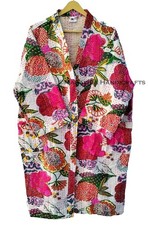 women winter wear Tropicana Print White Indian cotton kantha mid length Jacket