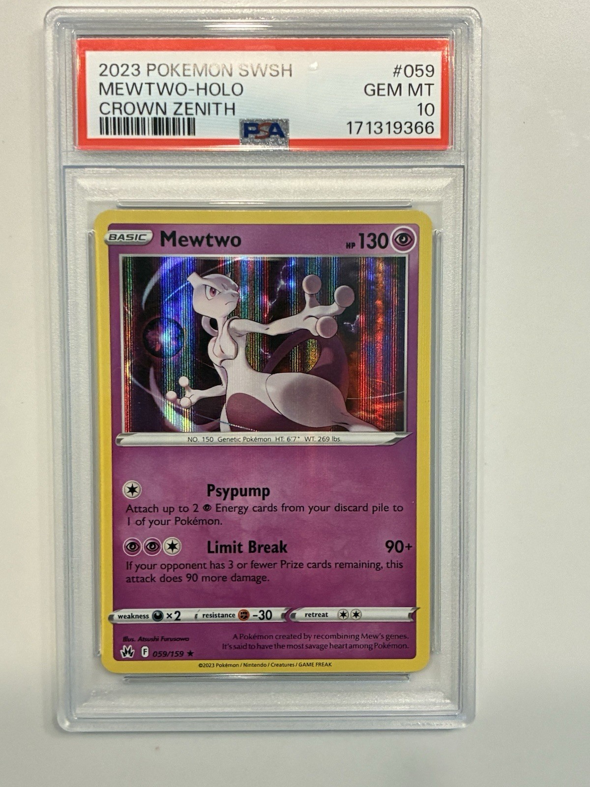 MEWTWO SWSH CROWN ZENITH 059 HOLO RARE PSA 10 GEM