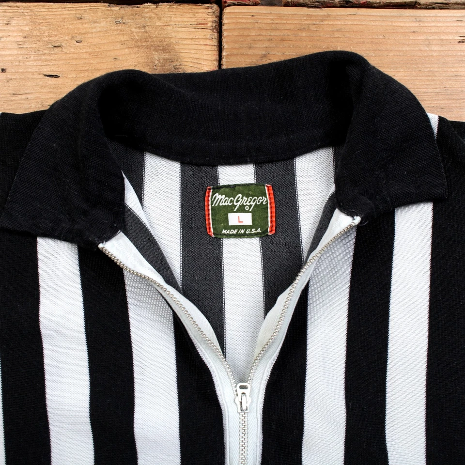 Camiseta árbitro MacGregor vintage L para hombre años 90 negra blanca a rayas hecha en EE. UU. Foto 3 de 4