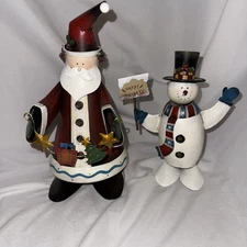 Metal Tin Art Bobble Head Santa  and Snow Man Christmas