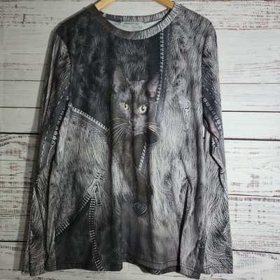 Misslook Top Pullover Graphic Cat 3D Black Gray Zipper Long Sleeve XL