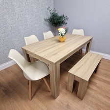 Oak Effect Dining Set With 4 Cream Plastic Chairs And Bench Dining Furniture