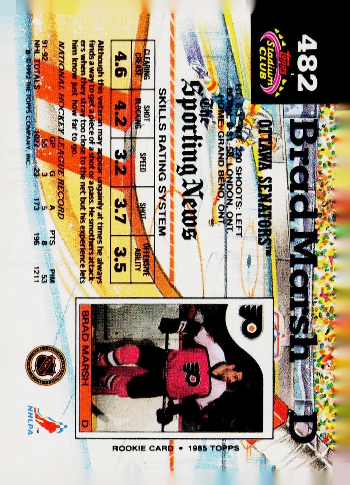 1992-93 Stadium Club #482 Brad Marsh Ottawa Senators - Image 2 of 2