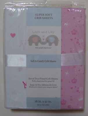 Liam & Lilly SET OF 2 White Pink Princess Standard Fitted Crib Sheets 28 X 52