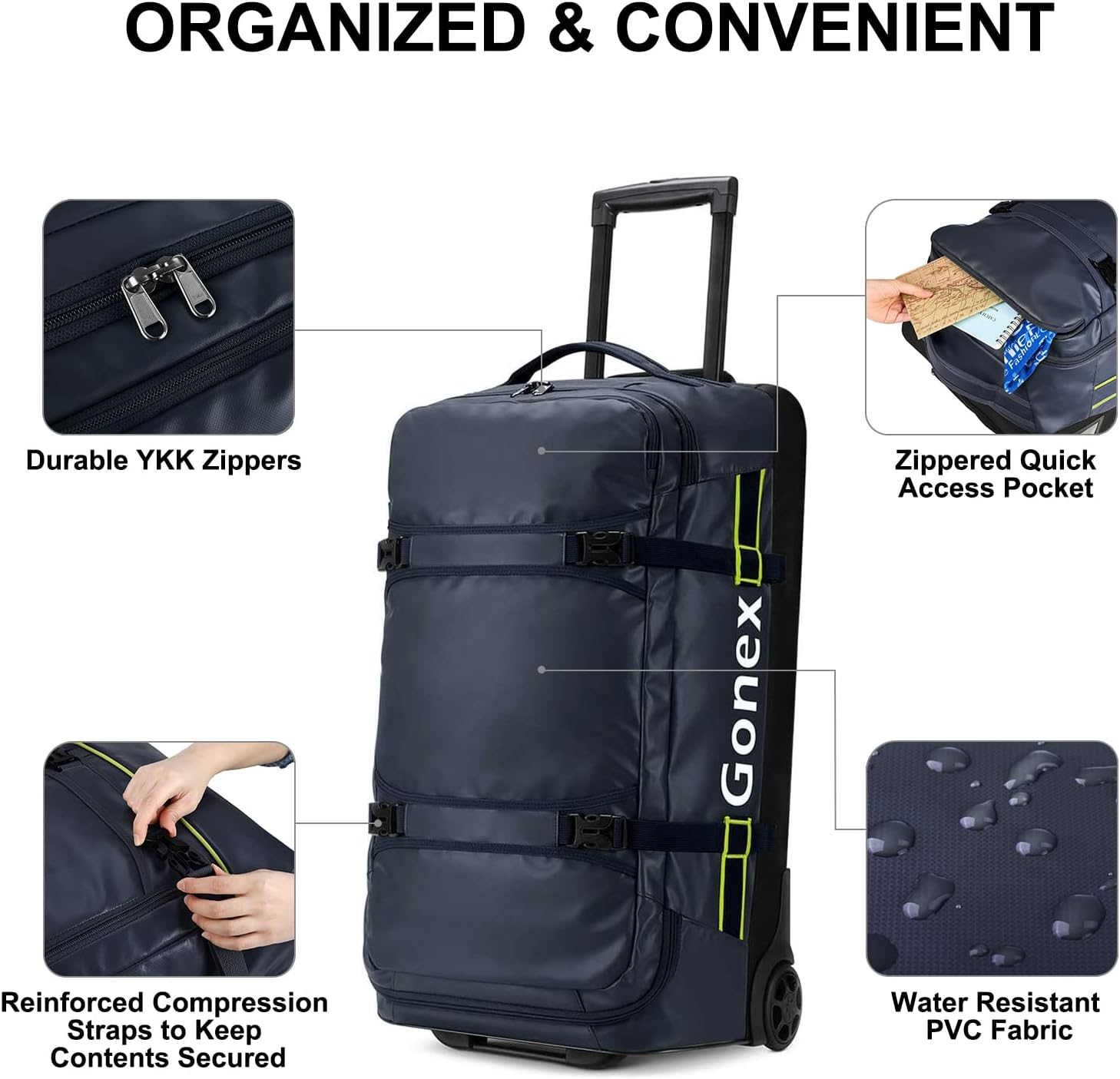Gonex Rolling Duffle Bag with Wheels, 70L Water Repellent Wheeled