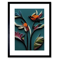 Paper Quilling Bird on Exotic Flower Plant Framed Wall Art Print Picture 12X16