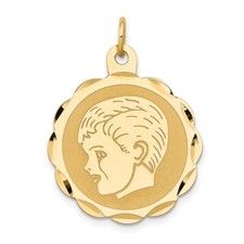 14k Yellow Gold Boy Head Engravable Scalloped Disc Charm Pendant 1.3gm