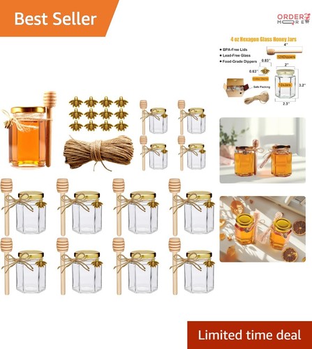 4oz Glass Honey Jars with Gold Lids & Dippers - Wedding Favor Pack of 12