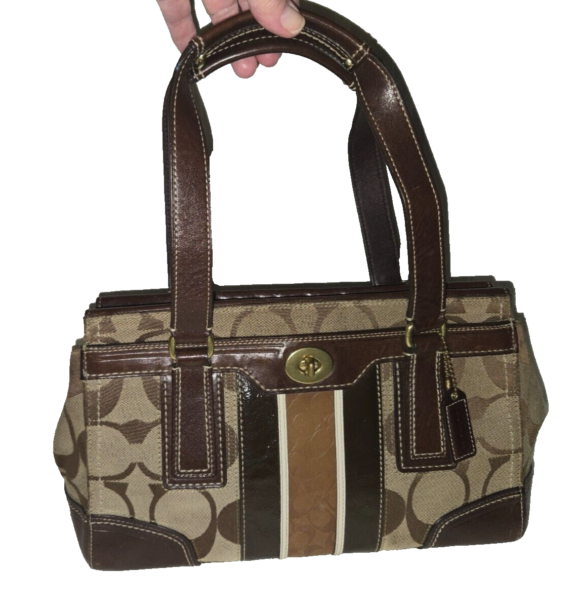 Vintage COACH Shoulder Bag Brown Leather & Jacquard Logo Vintage COACH Shoulder Bag Brown Leather & Jacquard Logo