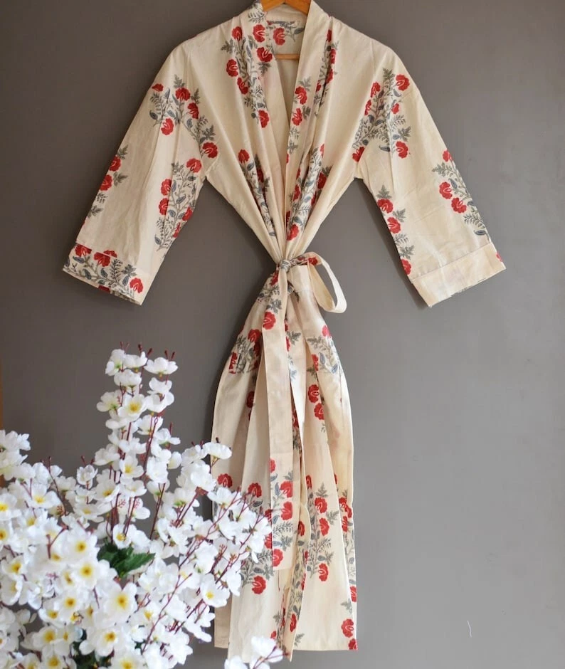 Bata kimono de algodón, bata de dama de honor con estampado de bloques, ropa de dormir de verano, Foto 2 de 4