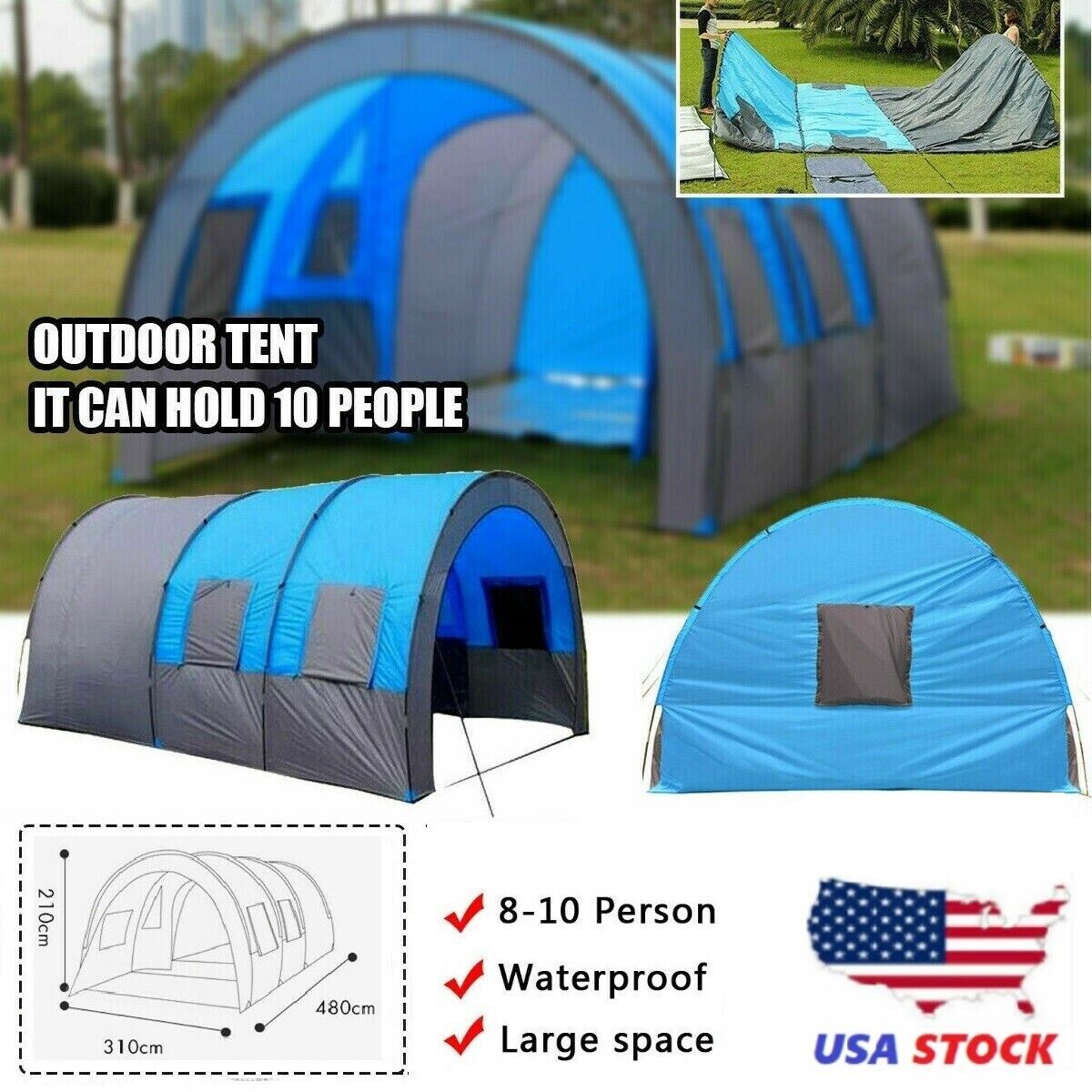 8-10 Person Large Double Layer Tent Tunnel Camping Travel Tent Family Outdoor US