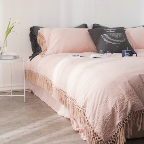 100% Cotton Bedding SetQueen Size Bed Set with Tassels Duvet Cover Bed Sheet
