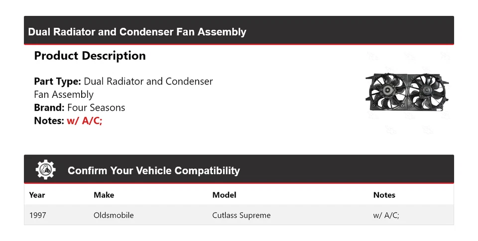 Ventilador condensador radiador duplo Oldsmobile Cutlass Supreme 1997 conjunto 4 mar - Imagem 2 de 4