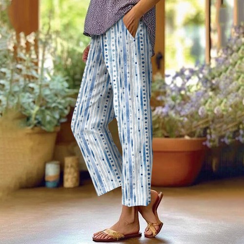 Pantalones sueltos informales florales de cintura elástica de verano de algodón y lino para mujer */ - Imagen 19 de 45