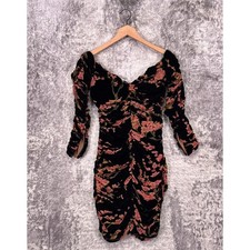House Of CB Dress Small Womens Black Floral Velvet Ruched Mini Cocktail