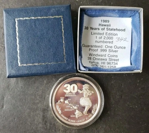 1989 Hawaii Proof 1oz Silver 30 Years of Statehood Round