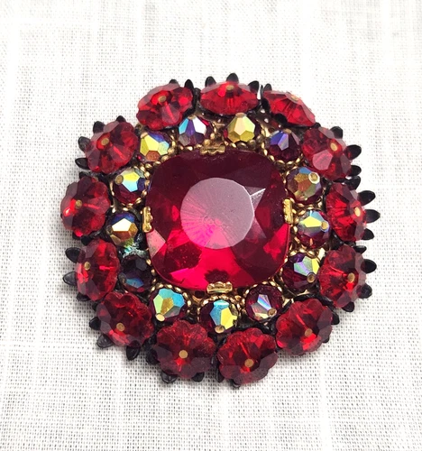 VINTAGE LARGE BROOCH, ATTRRIB TO M. HASKELL, RED & AB ON GOLD  2"D