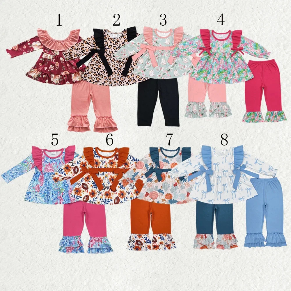 Sibling Baby Girls Long Sleeves Floral Bows Tunic Ruffle Pants Clothes Sets