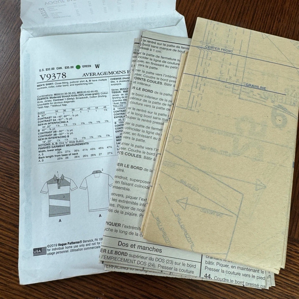 New Uncut Vogue Pattern 9378 Pattern Mens 34-40 Polo Shirt Short Sleeve - Image 3 of 3