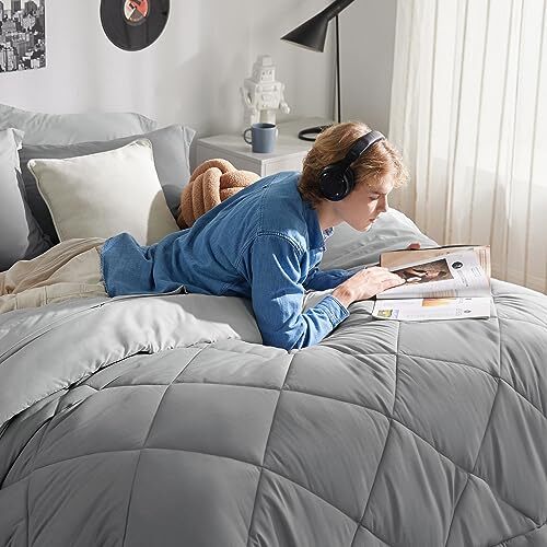 Size Comforter Set - 7 Pieces Reversible Bed in a Bag Bed Set King 01 - Grey - Picture 2 of 6