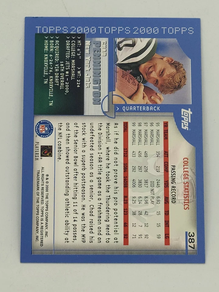 2000 Topps COLLECTION Gold Rookie Card RC SP Chad Pennington #387 - Image 2 of 2