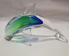Vtg Art Glass Hand Blown Leaping Dolphin Murano Style Green & Blue 10"L Figurine