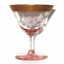 Pink Elegant Glass Etch Florals Gold Tiffin Rambler Rose Cocktail Glass Lot of 6