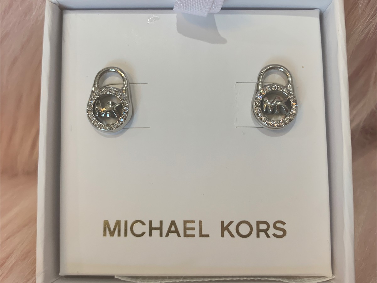 MICHAEL KORS Silver Tone Crystal Pave Padlock Lock Stud Earrings