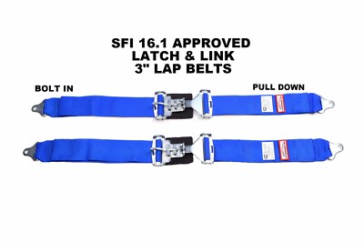 SAFETY HARNESS NEW PAIR 3'' LATCH & LINK LAP BELT 2 POINT RACING BELT BLUE