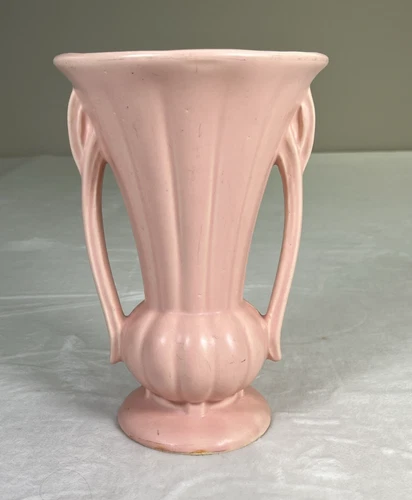 Large Vintage Signed McCoy Art Pottery Handled Vase in Peach 9.25" Bnfts Charity