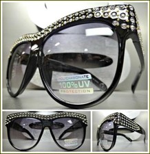OVERSIZED VINTAGE RETRO Style SUN GLASSES Black Frame Bling Crystals Gold Studs