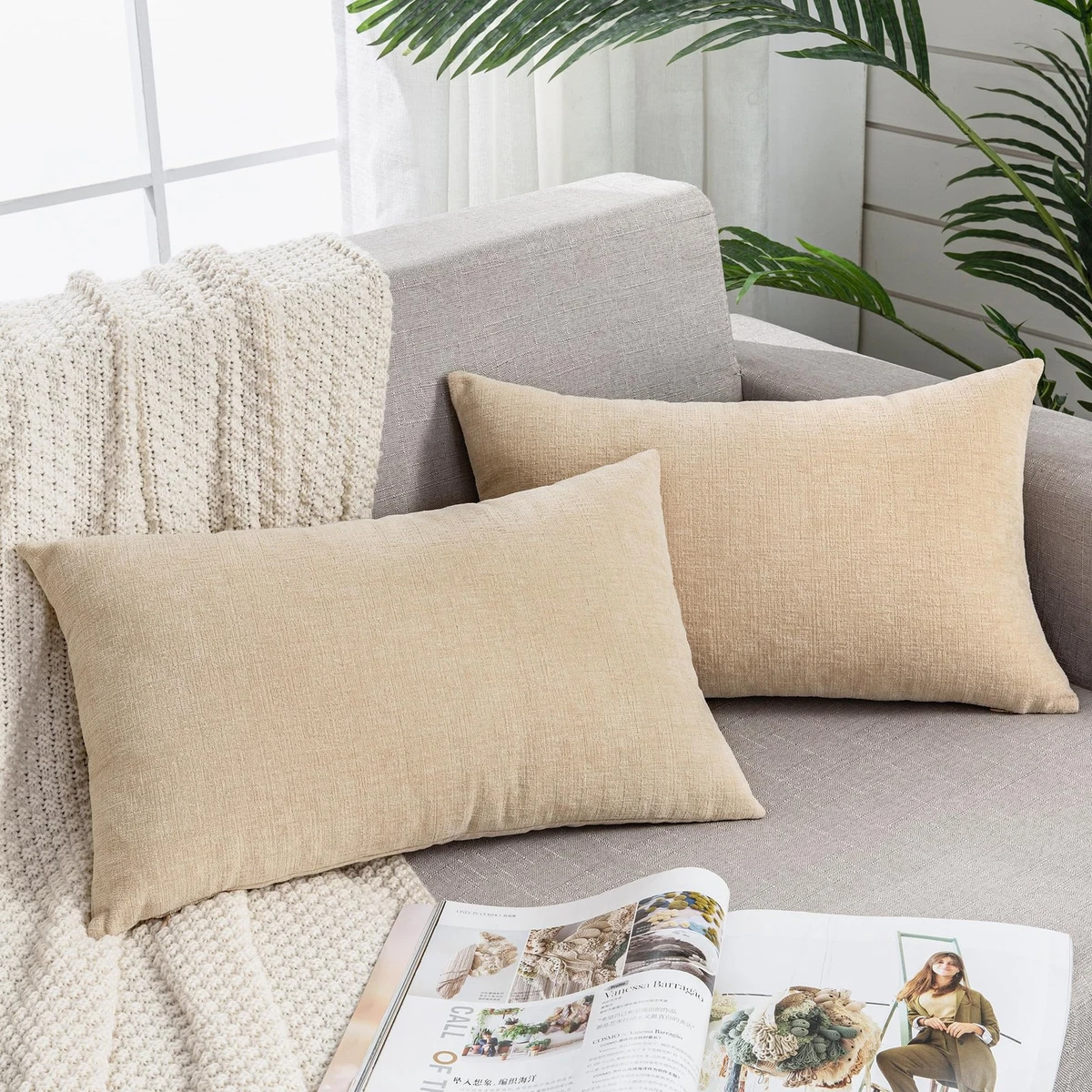 2 Federe Per Cuscini Quadrate 55x55 Cm – Stile Country E Farmhouse Con Quadri Buffalo In Crema E Bianco – HOPLEE – Copri Cuscini Decorativi Per Divano, Soggiorno - 2