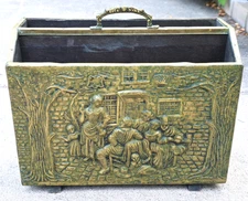 Mid Century Hammered Brass Wood Book Magazine Holder Rack Pub Scene England Gift