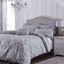 Catherine Lansfield Damask Jacquard Embellished Duvet Cover Set Silver Bedding