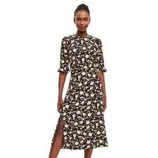 LOFT Floral Print Ruffle Sleeve Side Slit Midi Dress Black
