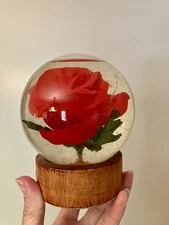 Vintage Preserved Faux Red Flower Rose in Glass Water Dome Globe Wood Pedestal