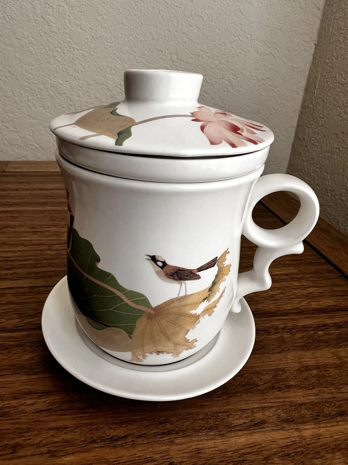 Teavana Infuser Mug Set in Box Lotus & Bulbul Birds Chang Hsitsun 10 oz