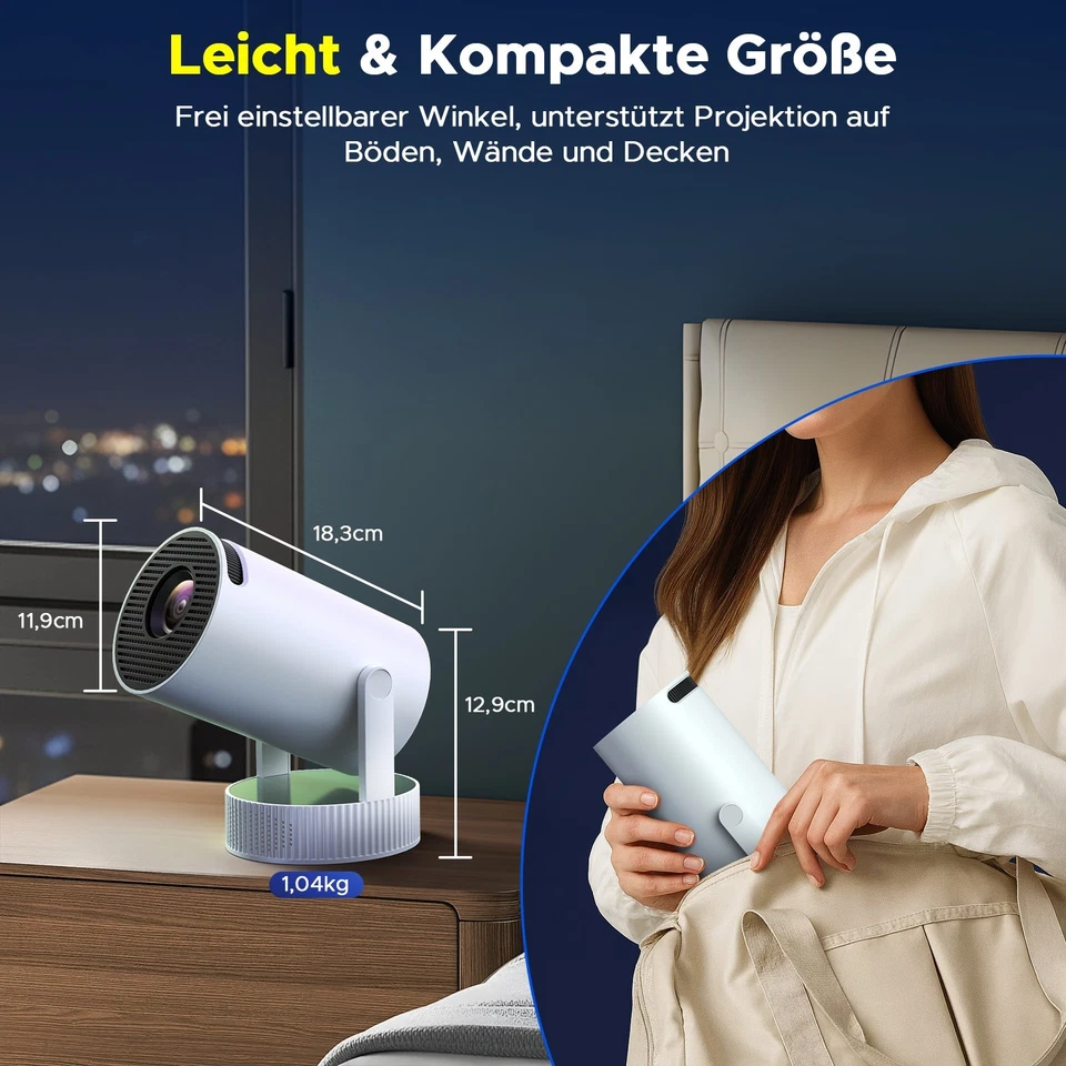 Beamer mit Akku Projektor 4K UHD WiFi Bluetooth Android TV Heimkino Mini Tragbar - Bild 3 von 4