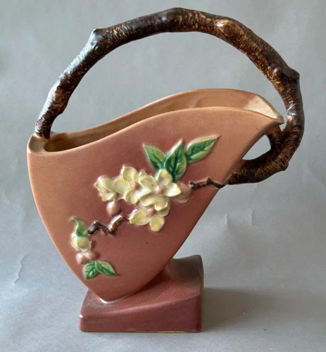 Roseville Pottery Apple Blossom Basket Coral Pink Planter Vase Deco 311 Vintage