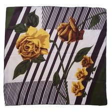 Vintage Silk Scarf 1990s Yellow bud Rose Floral Square 28" black white striped
